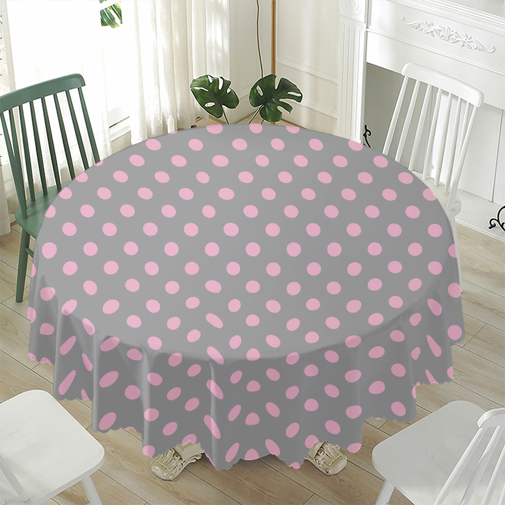 Grey And Pink Polka Dot Pattern Print Waterproof Round Tablecloth