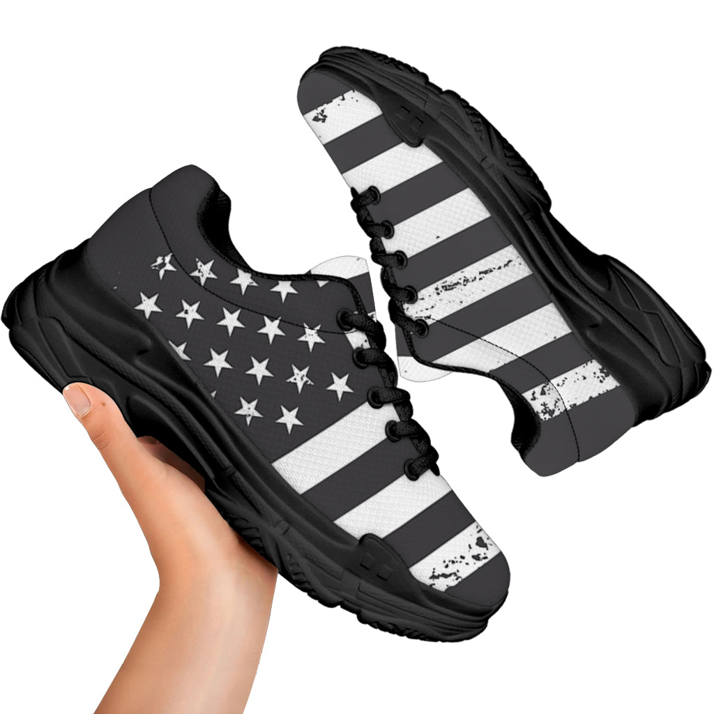 Grey And White American Flag Print Black Chunky Shoes