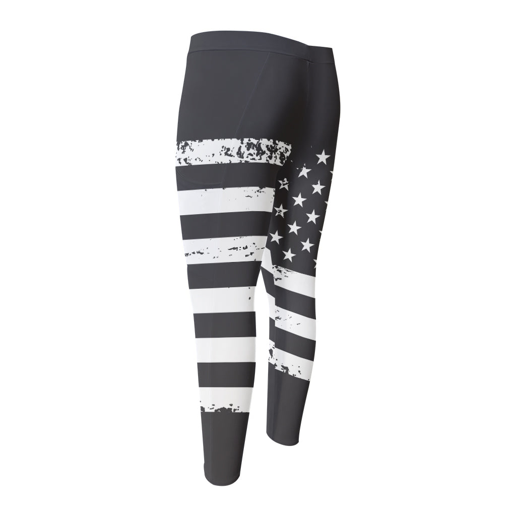 Grey And White American Flag Print Men's Compression Pants