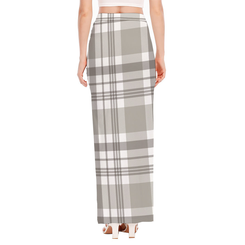 Grey And White Border Tartan Print High Slit Maxi Skirt