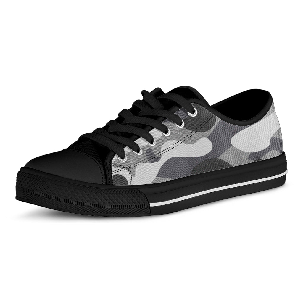 Grey And White Camouflage Print Black Low Top Sneakers