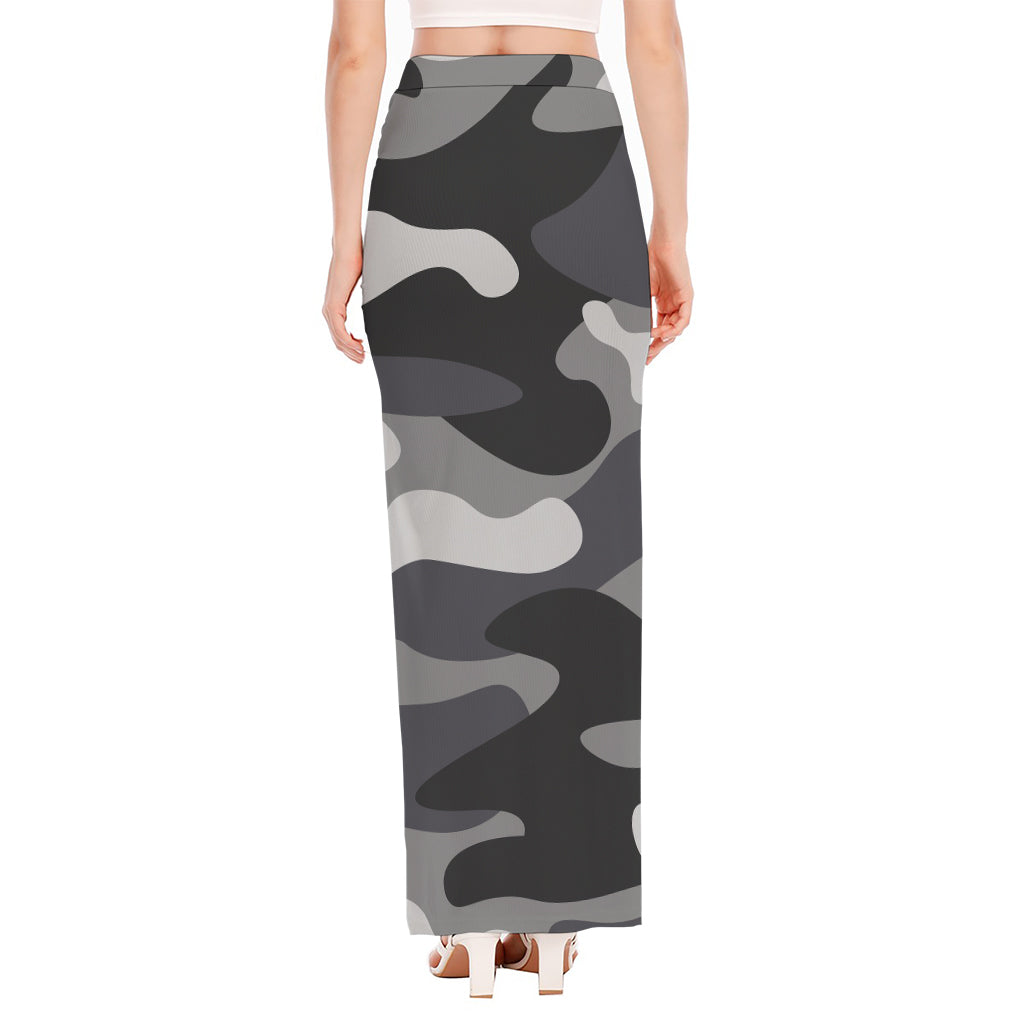 Grey And White Camouflage Print High Slit Maxi Skirt