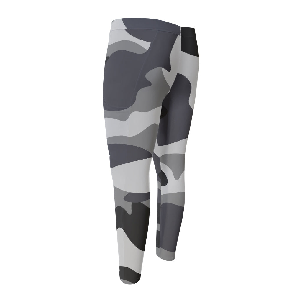 Grey And White Camouflage Print Men's Compression Pants
