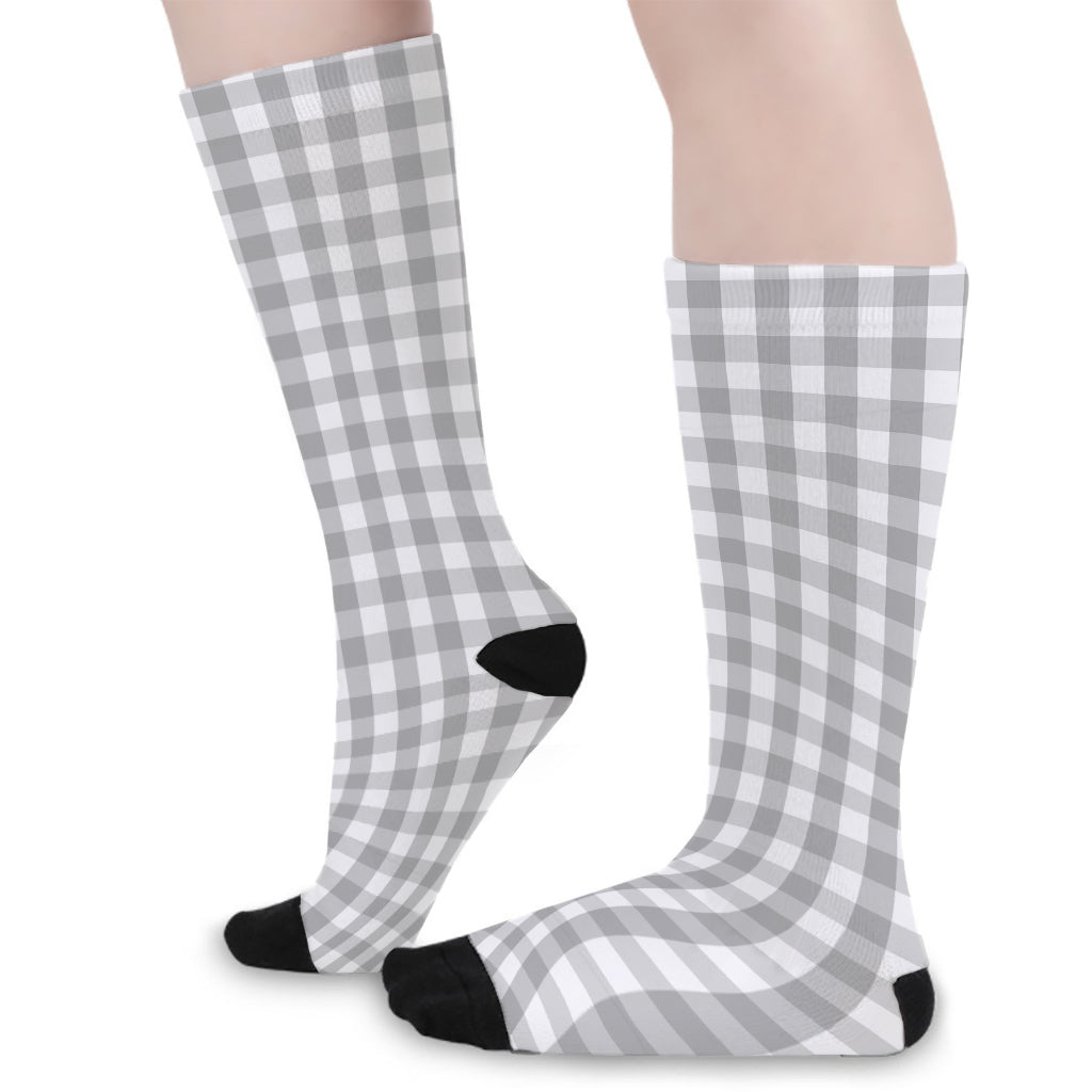 Grey And White Check Pattern Print Long Socks