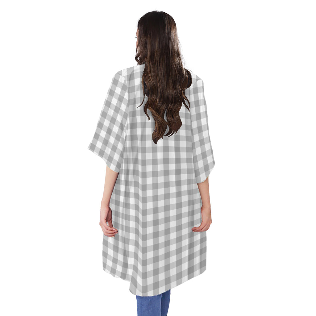 Grey And White Check Pattern Print Open Front Beach Cover Up