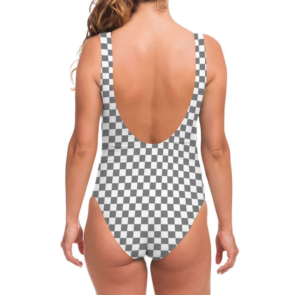 Grey And White Checkered Pattern Print One Piece Swimsuit