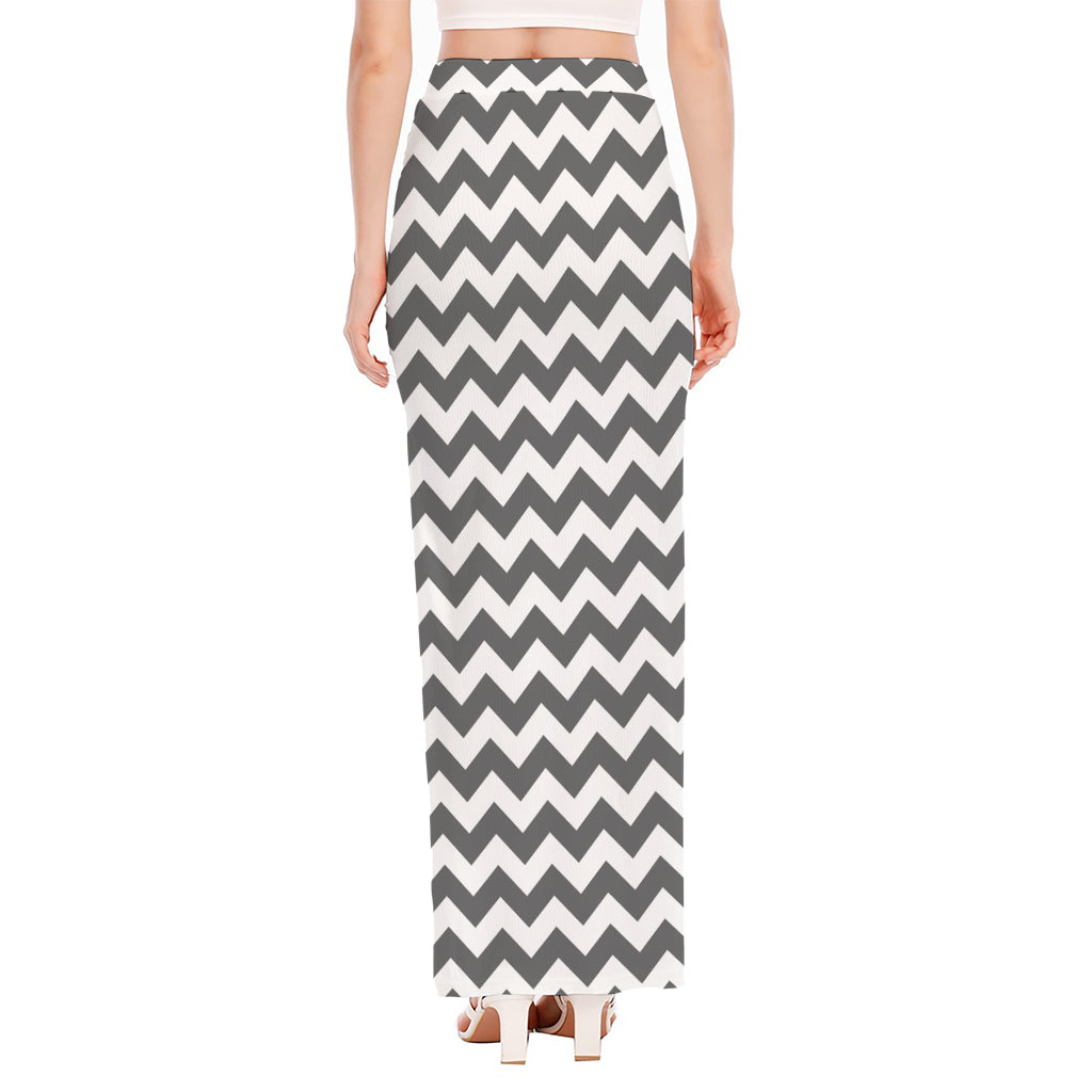 Grey And White Chevron Pattern Print High Slit Maxi Skirt