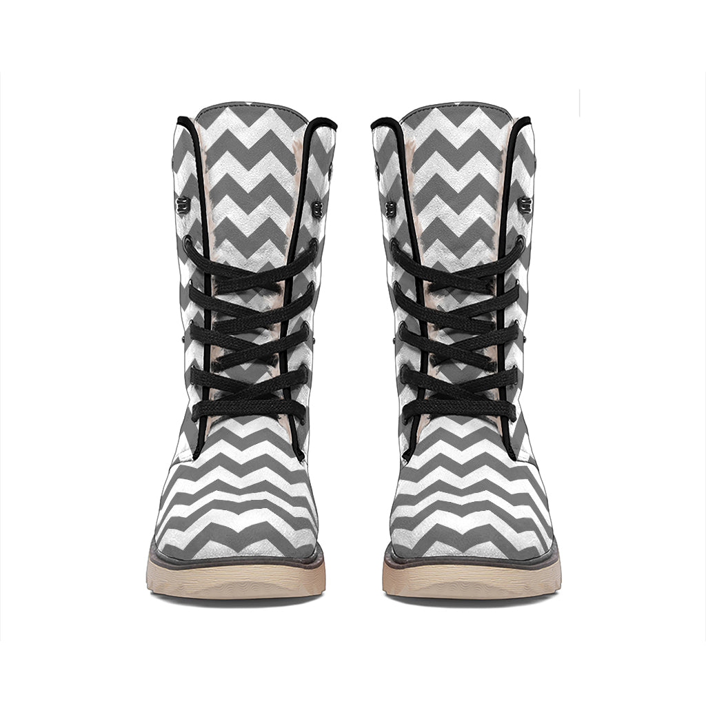 Grey And White Chevron Pattern Print Winter Boots