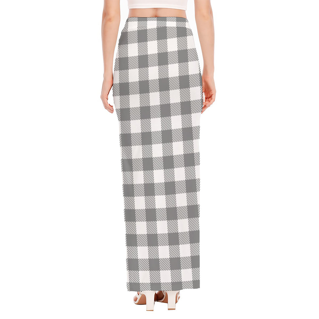 Grey And White Gingham Pattern Print High Slit Maxi Skirt