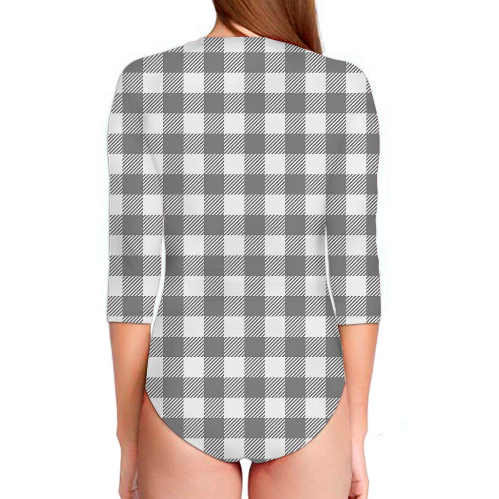Grey And White Gingham Pattern Print Long Sleeve Swimsuit