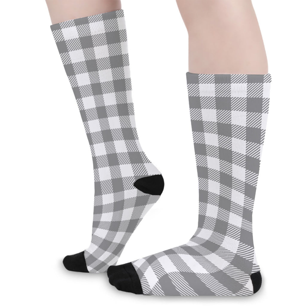 Grey And White Gingham Pattern Print Long Socks