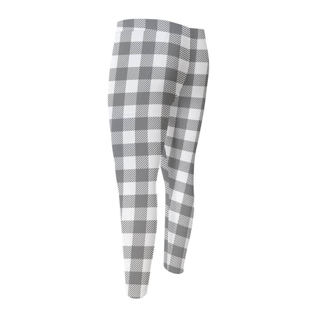 Grey And White Gingham Pattern Print Men's Compression Pants
