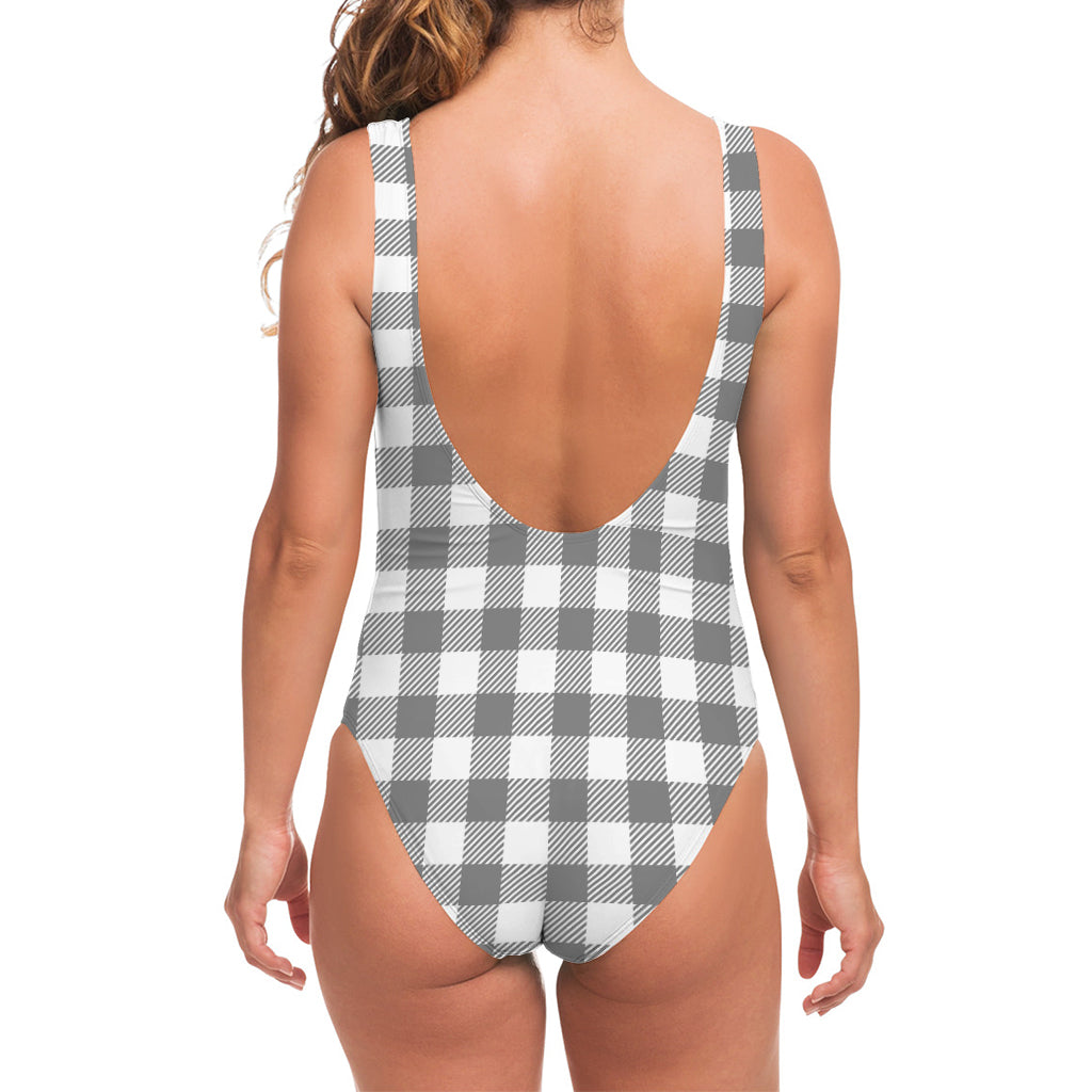Grey And White Gingham Pattern Print One Piece Swimsuit