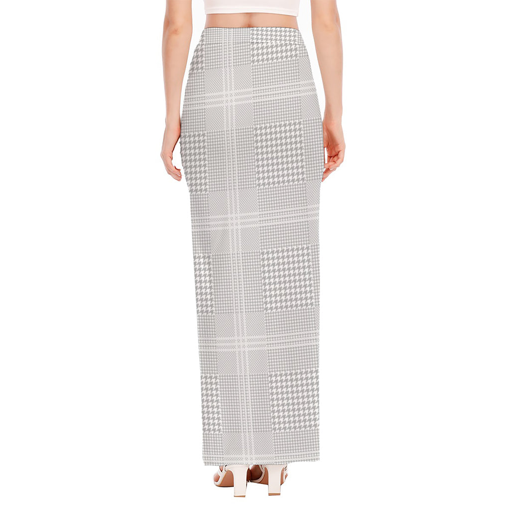 Grey And White Glen Plaid Print High Slit Maxi Skirt