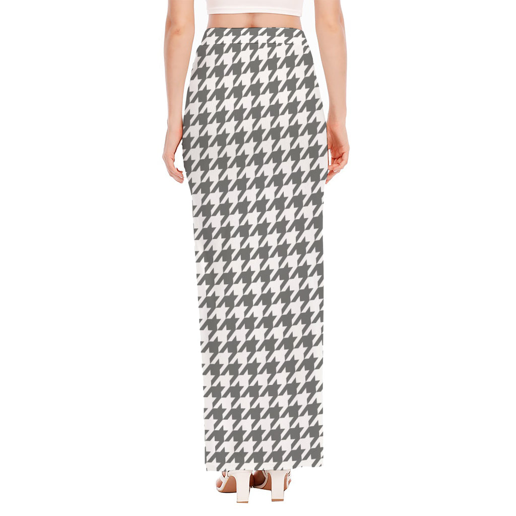 Grey And White Houndstooth Pattern Print High Slit Maxi Skirt