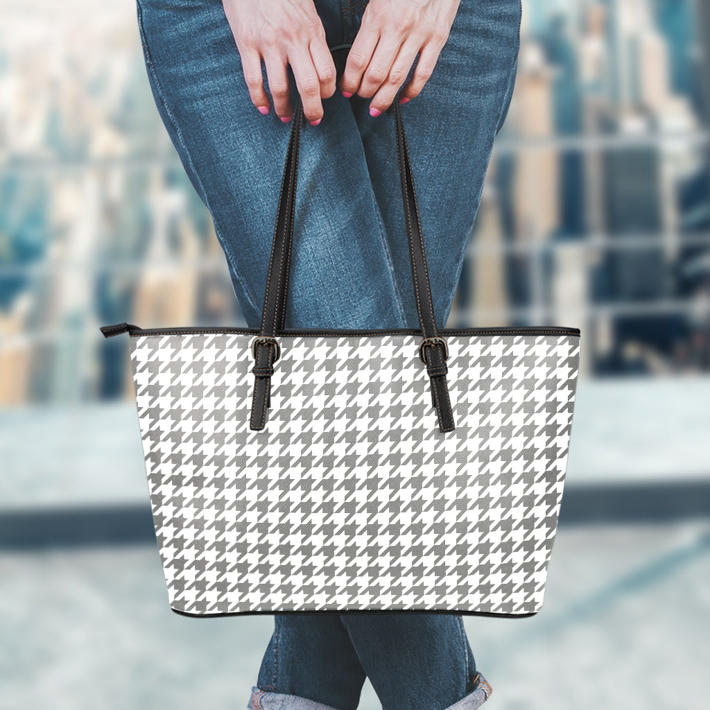 Grey And White Houndstooth Pattern Print Leather Tote Bag