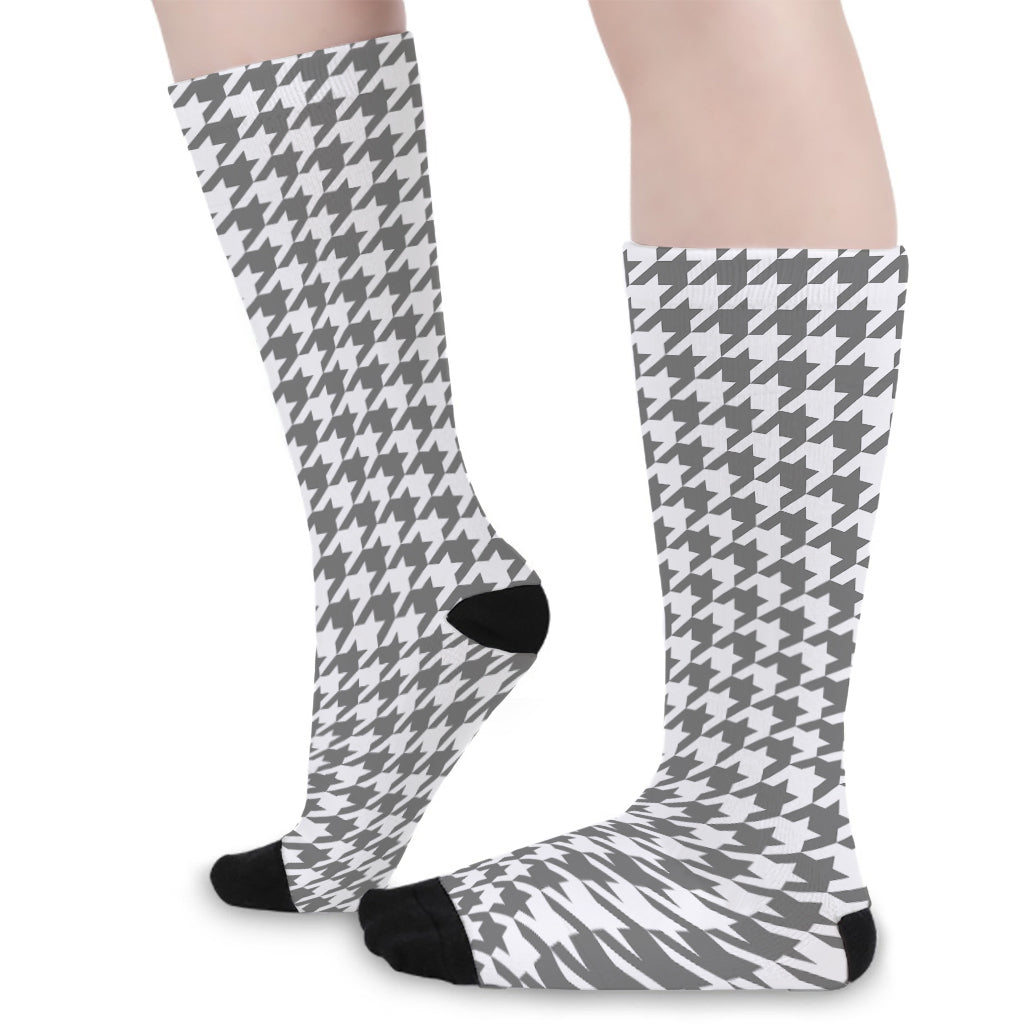 Grey And White Houndstooth Pattern Print Long Socks