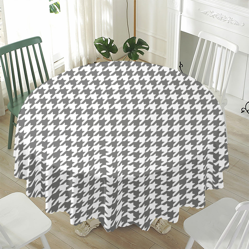 Grey And White Houndstooth Pattern Print Waterproof Round Tablecloth