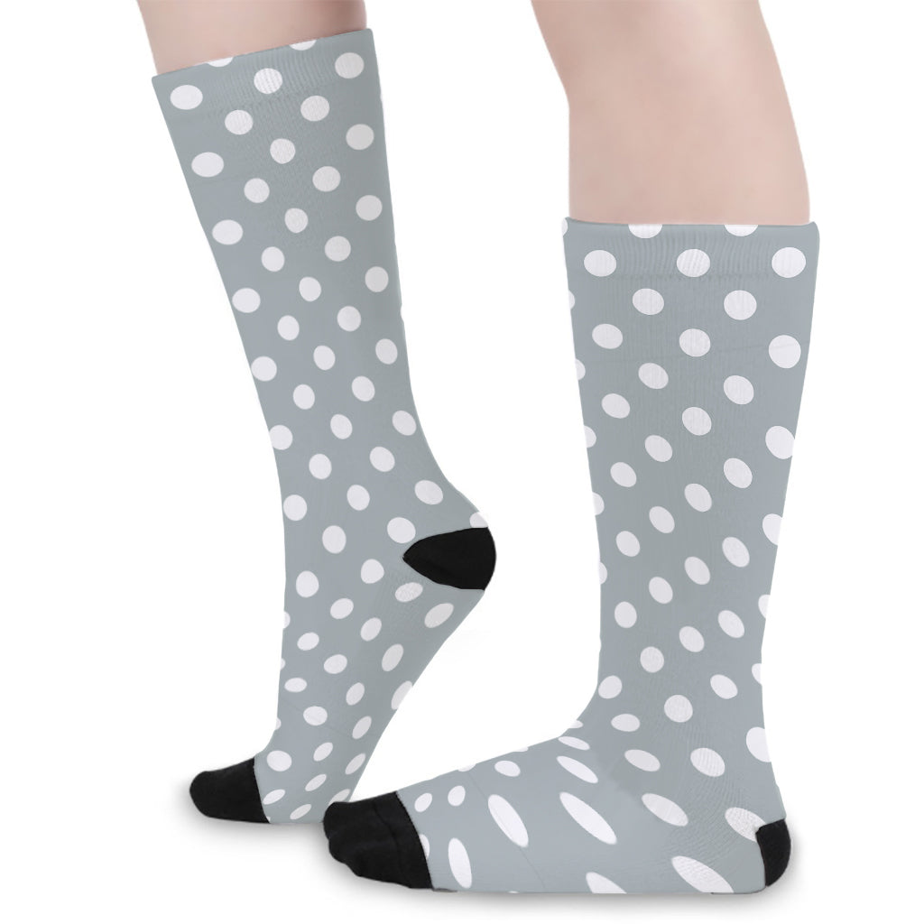 Grey And White Polka Dot Pattern Print Long Socks