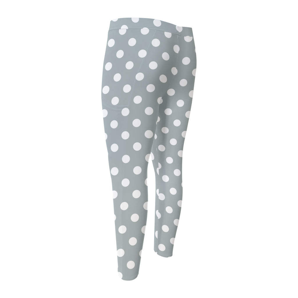 Grey And White Polka Dot Pattern Print Men's Compression Pants