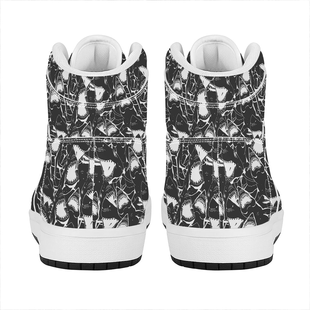 Grey And White Shark Pattern Print High Top Leather Sneakers