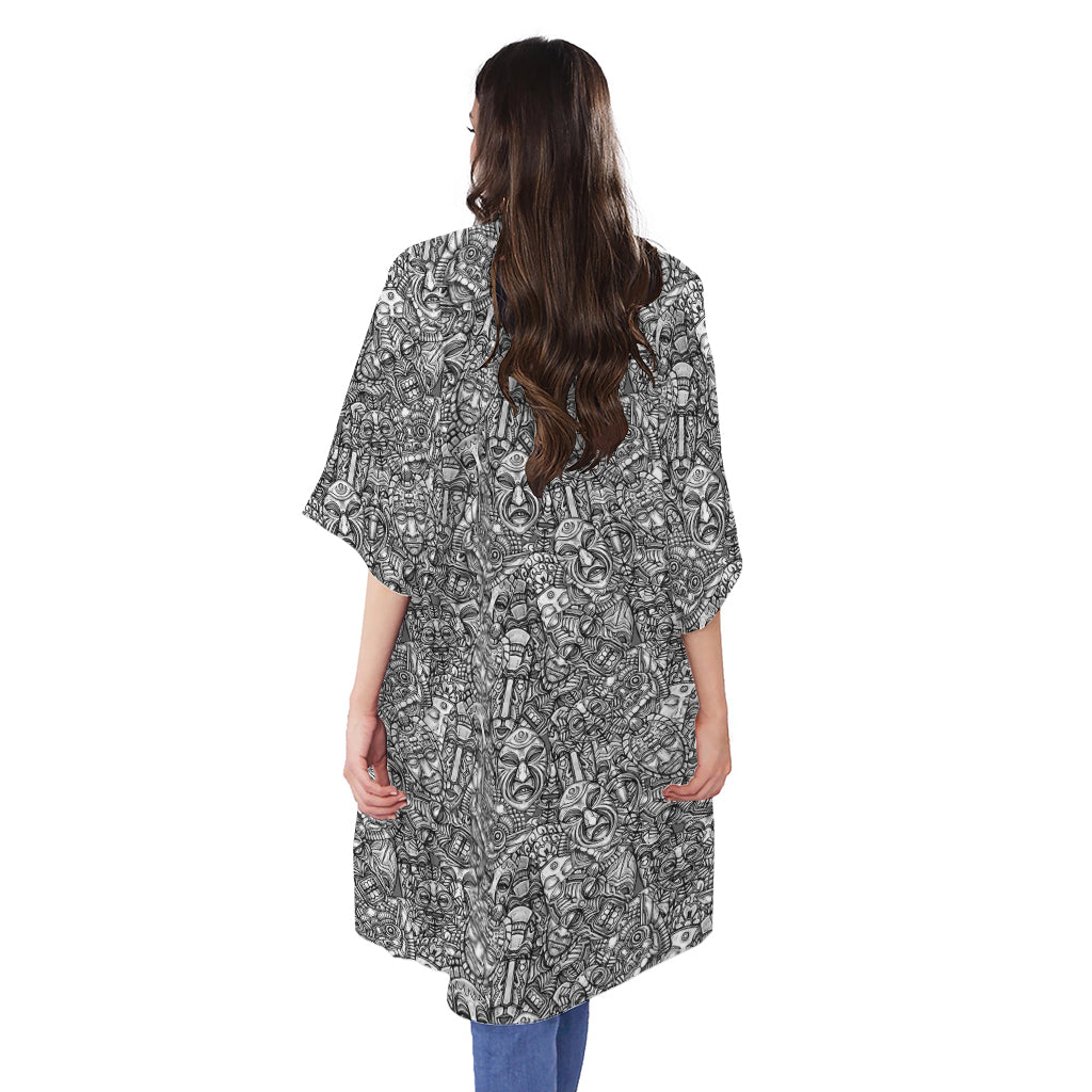 Grey And White Totem Pattern Print Open Front Beach Cover Up