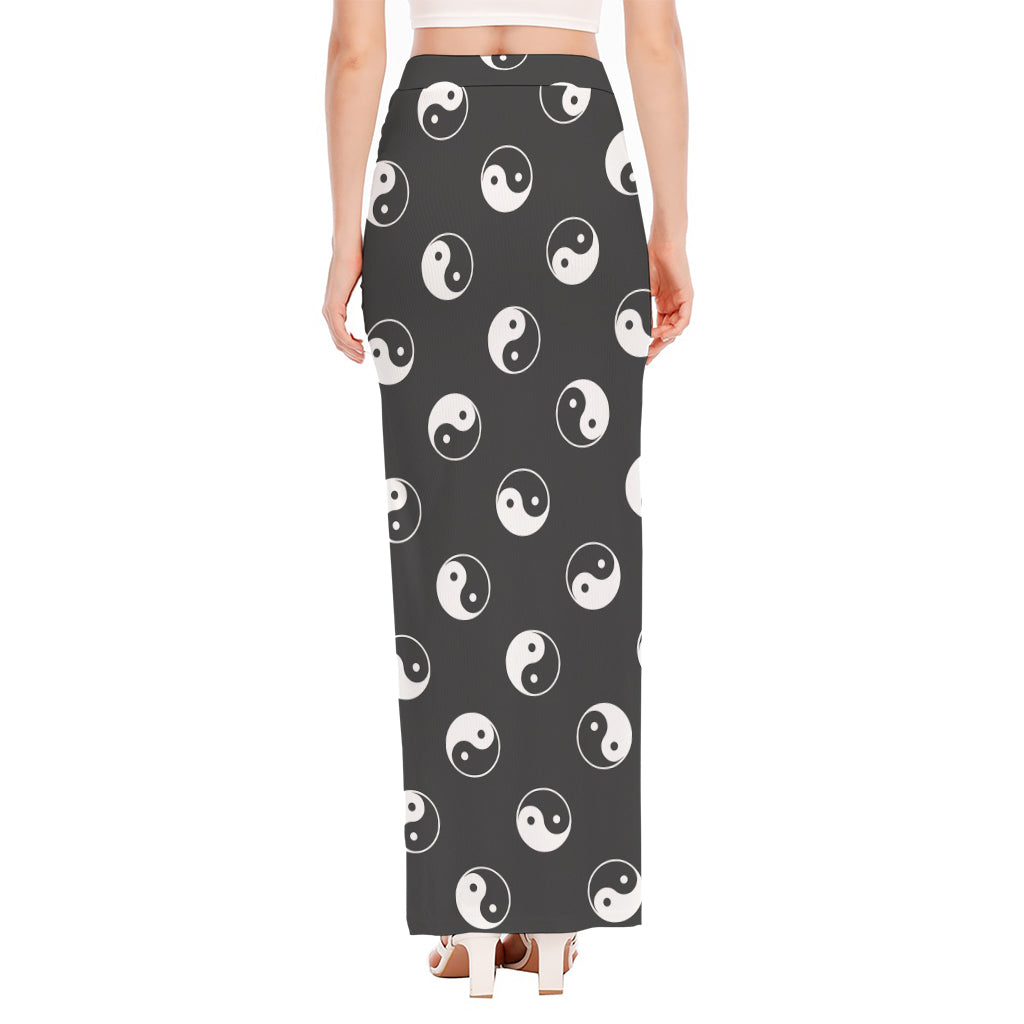 Grey And White Yin Yang Pattern Print High Slit Maxi Skirt