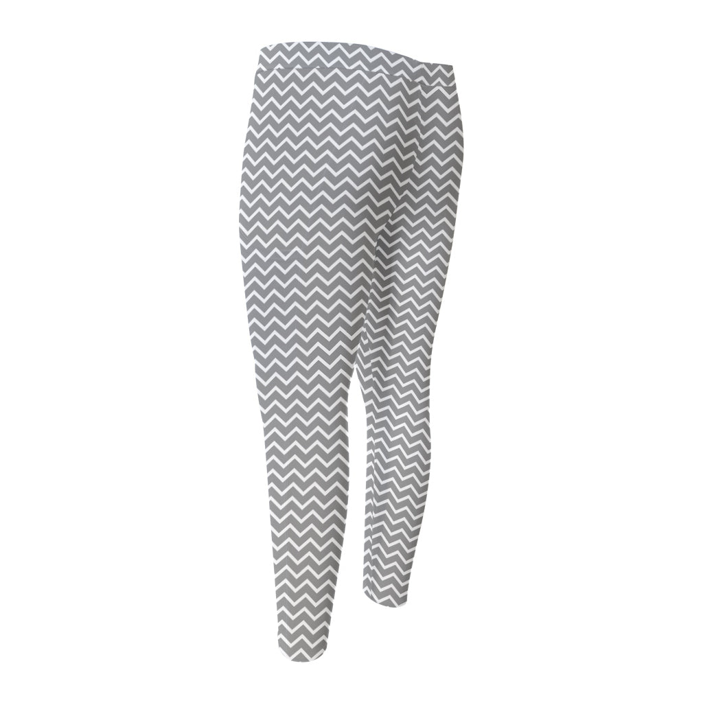 Grey And White Zigzag Pattern Print Men's Compression Pants
