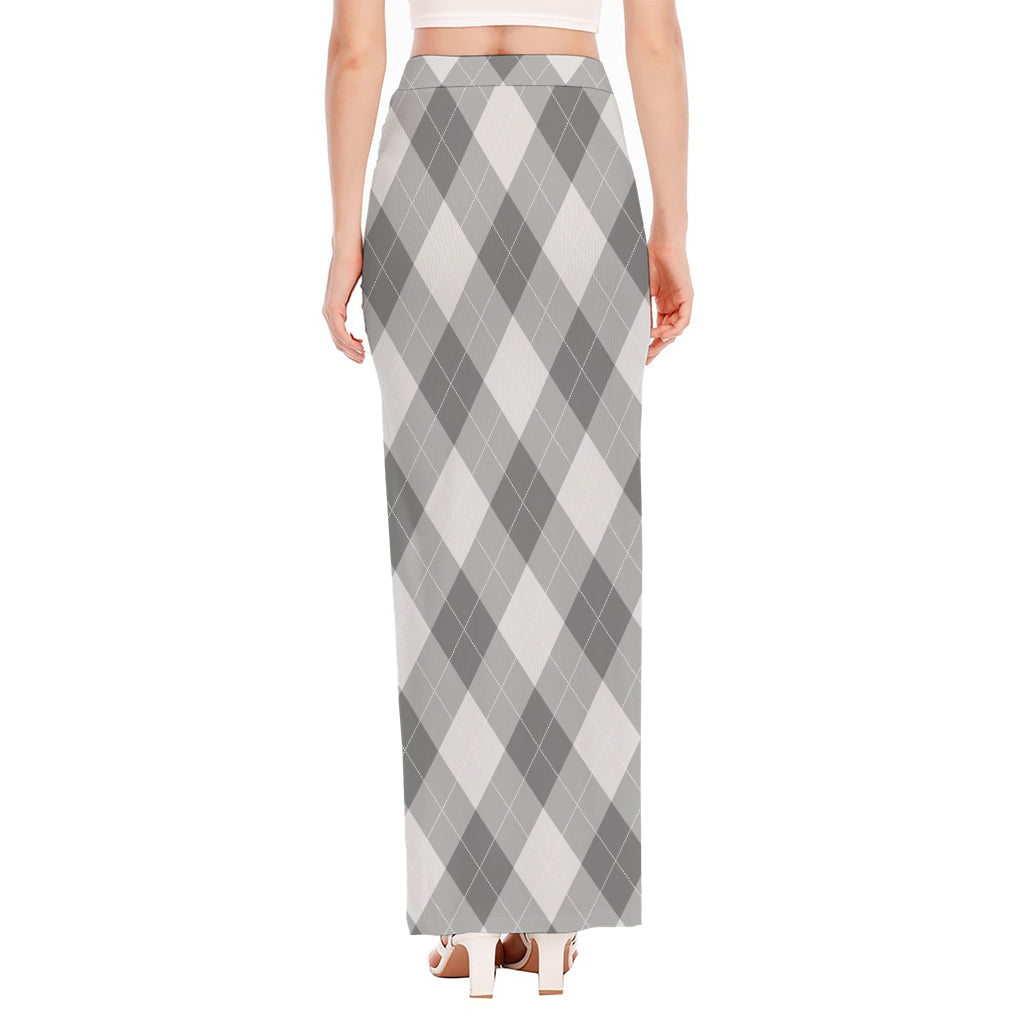 Grey Argyle Pattern Print High Slit Maxi Skirt
