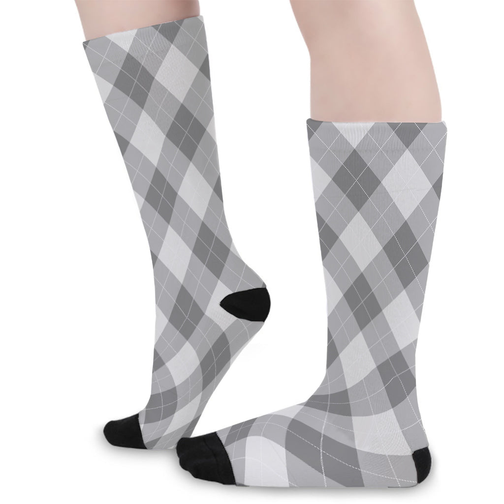 Grey Argyle Pattern Print Long Socks