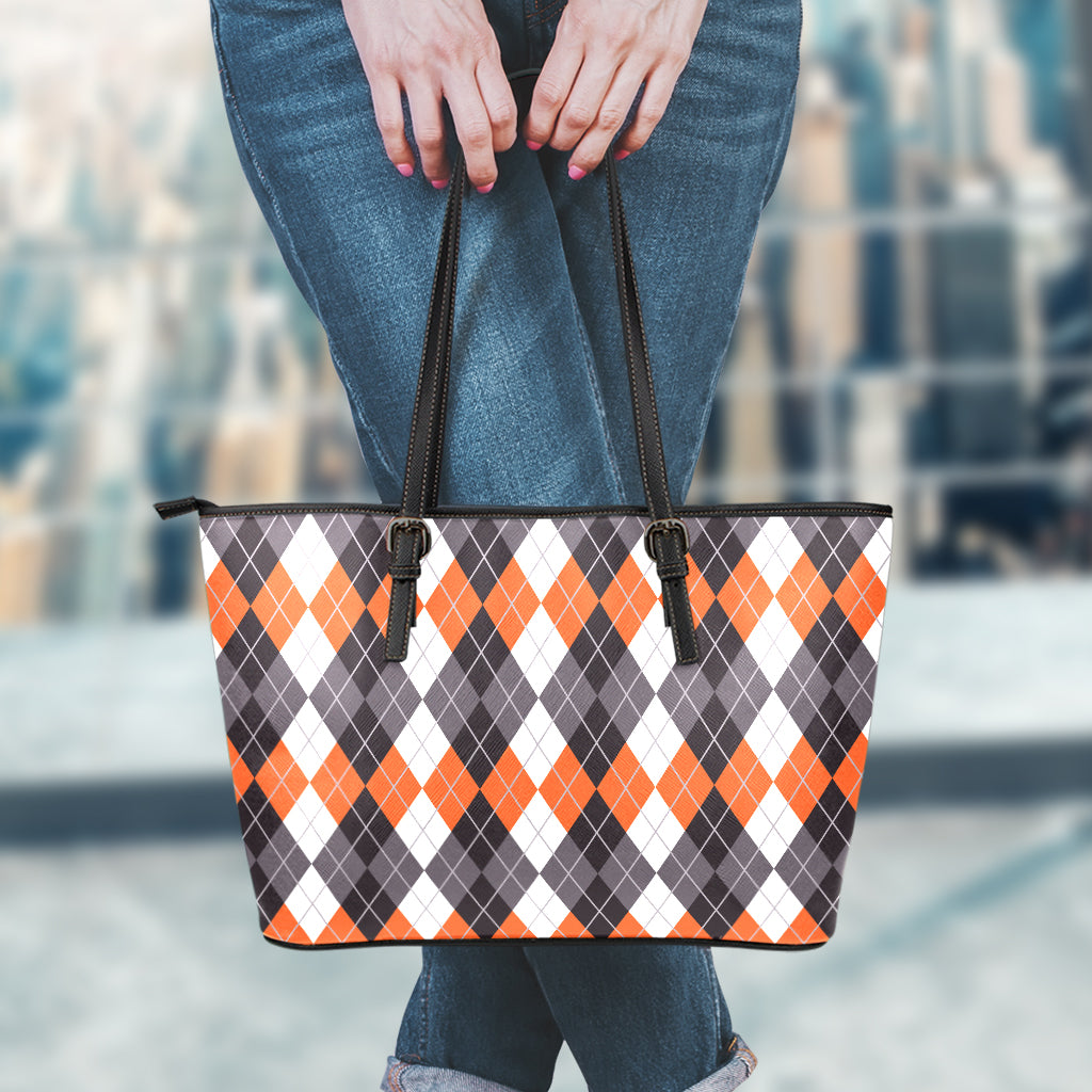 Grey Black Orange And White Argyle Print Leather Tote Bag