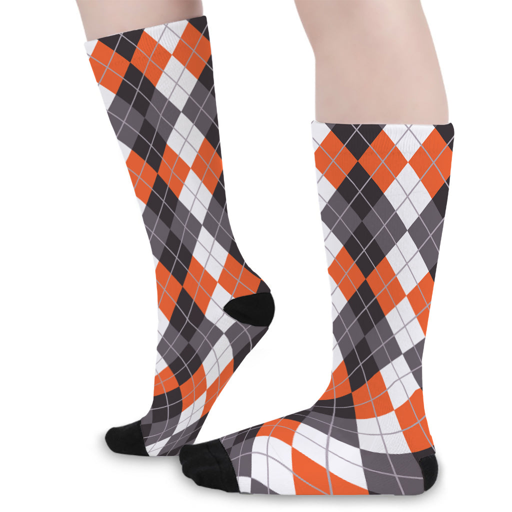 Grey Black Orange And White Argyle Print Long Socks