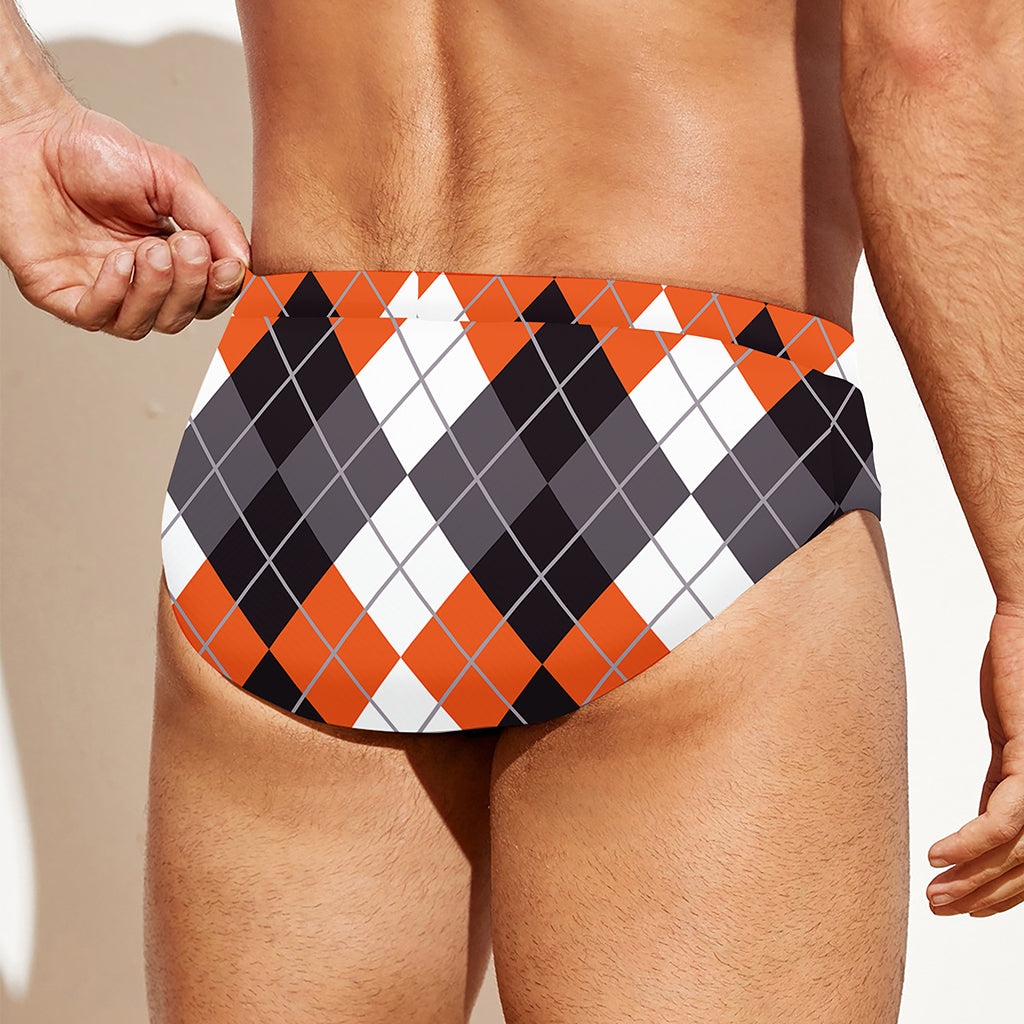 Grey Black Orange And White Argyle Print Men's Swim Briefs