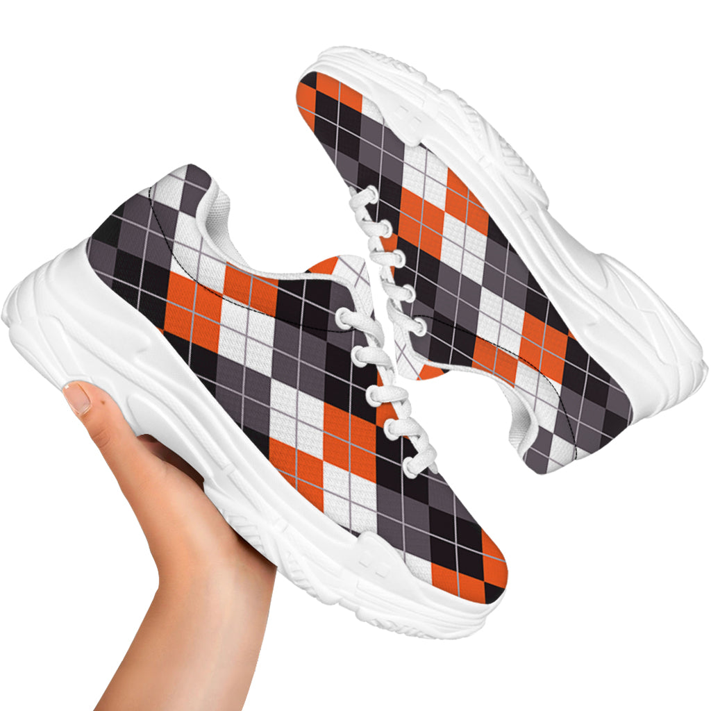 Grey Black Orange And White Argyle Print White Chunky Shoes