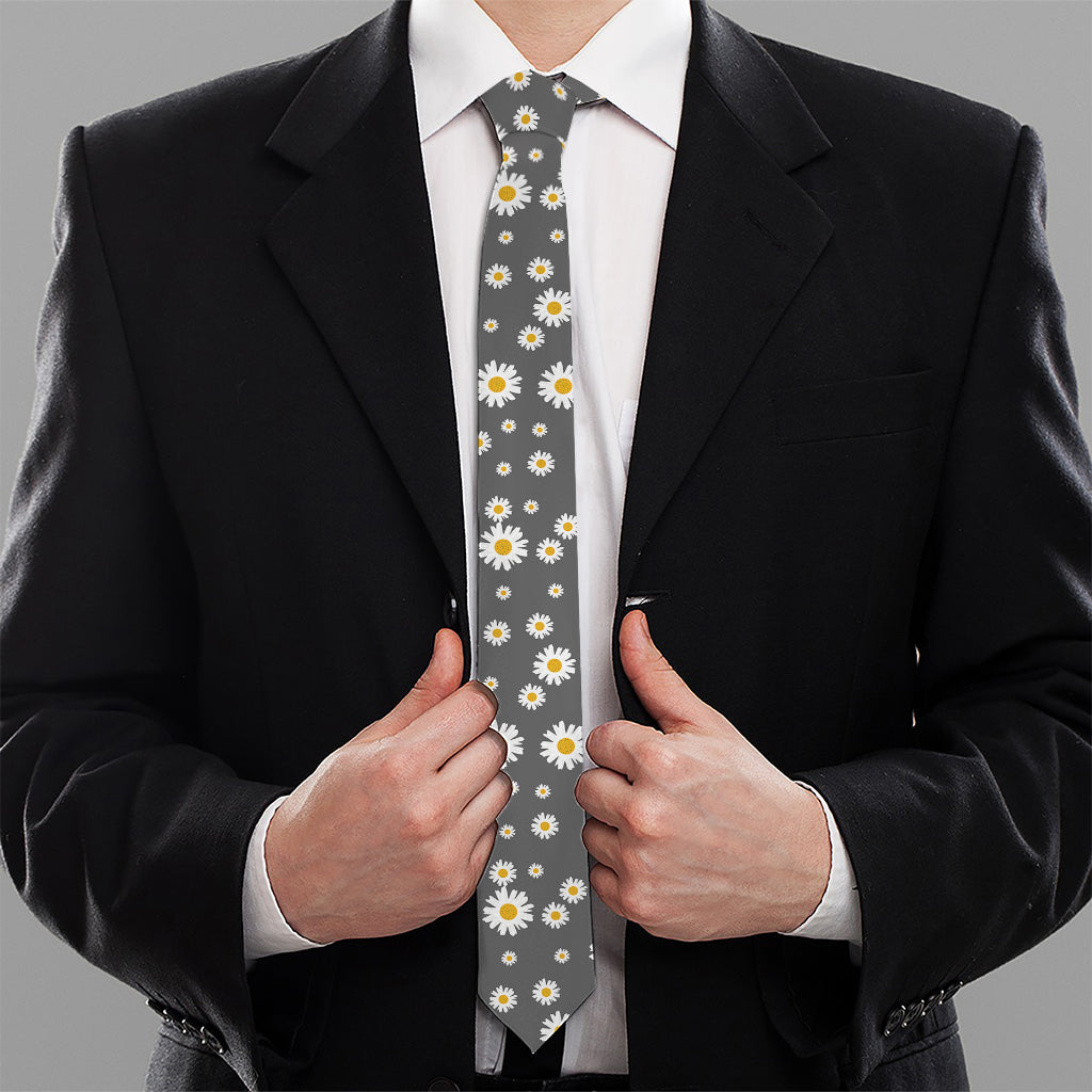 Grey Daisy Floral Pattern Print Necktie