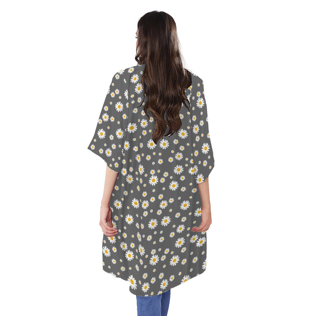 Grey Daisy Floral Pattern Print Open Front Beach Cover Up