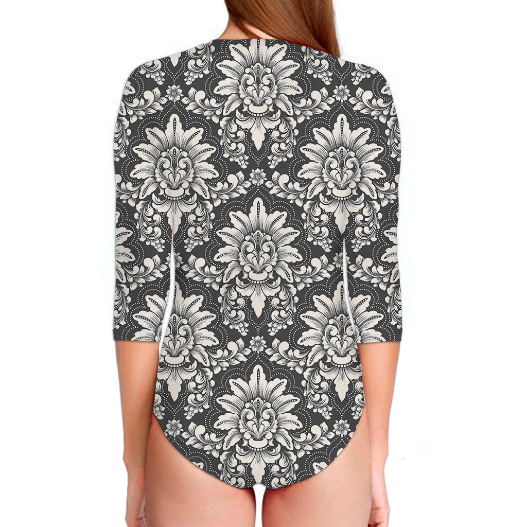 Grey Damask Pattern Print Long Sleeve Swimsuit