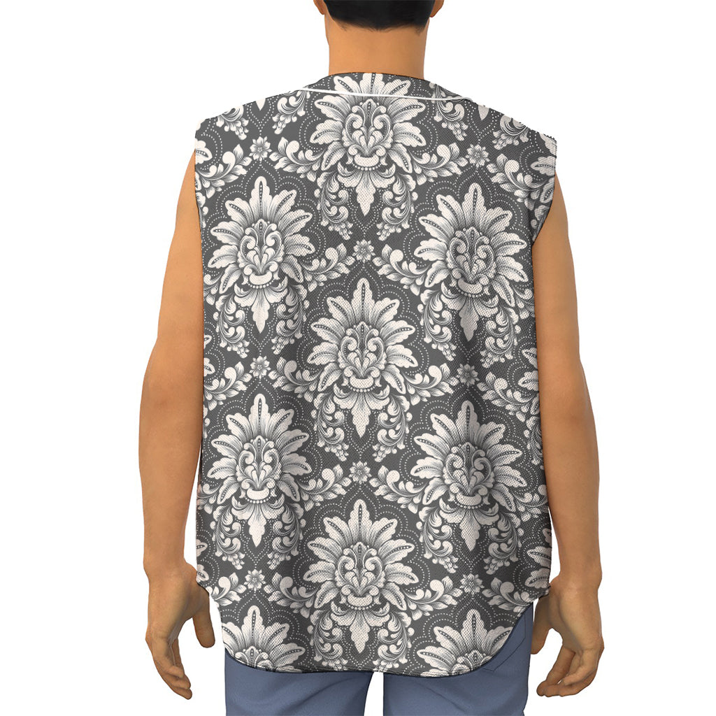 Grey Damask Pattern Print Sleeveless Baseball Jersey