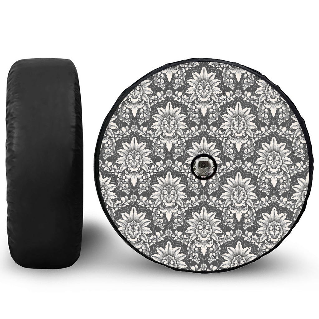 Grey Damask Pattern Print Tire Cover With Camera Hole