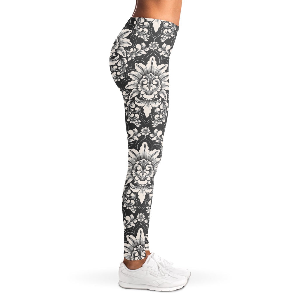 Grey Damask Pattern Print Women's Leggings