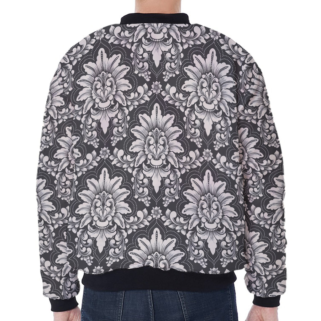 Grey Damask Pattern Print Zip Sleeve Bomber Jacket