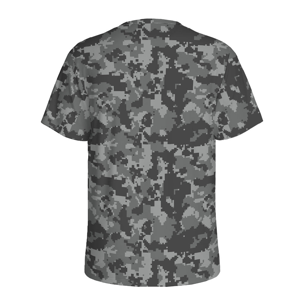 Grey Digital Camo Pattern Print Men's Sports T-Shirt
