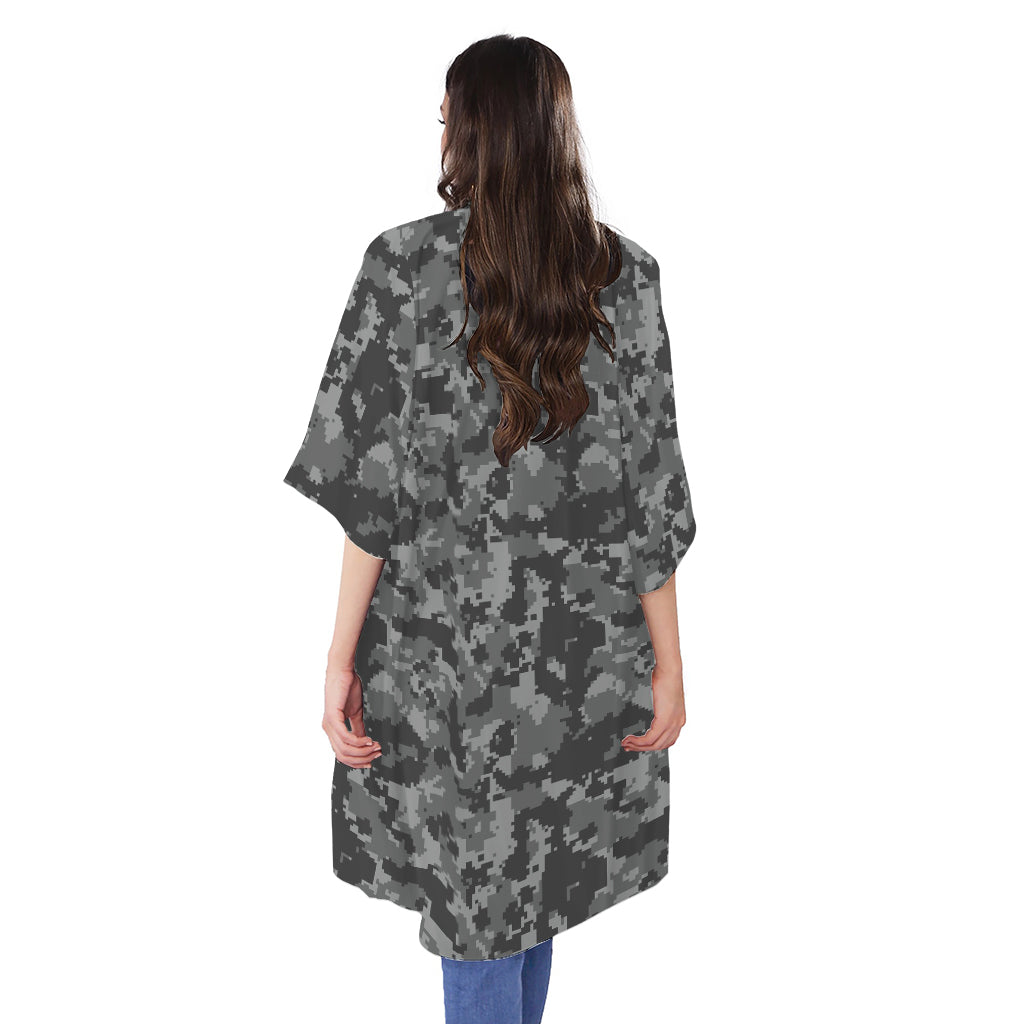 Grey Digital Camo Pattern Print Open Front Beach Cover Up