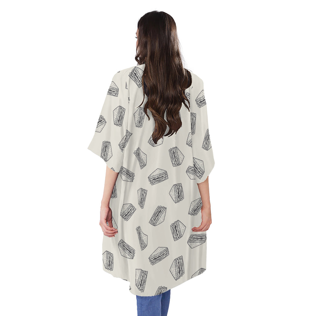 Grey Doodle Sandwich Pattern Print Open Front Beach Cover Up