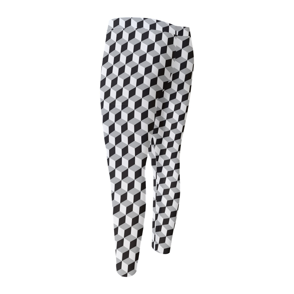 Grey Geometric Cube Shape Pattern Print Men's Compression Pants