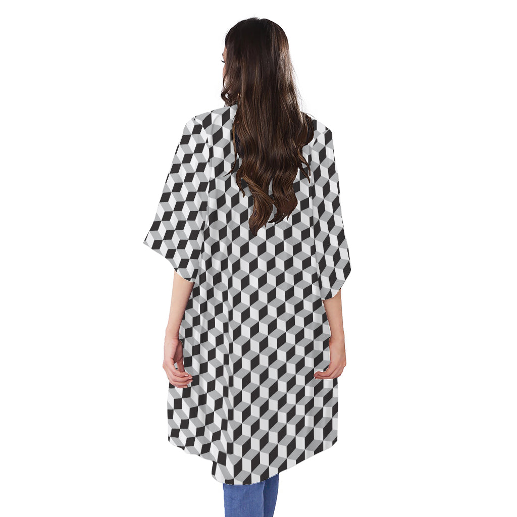 Grey Geometric Cube Shape Pattern Print Open Front Beach Cover Up