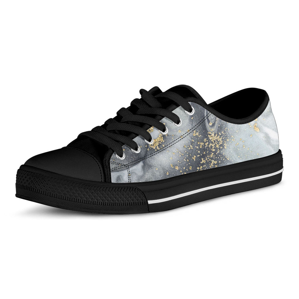 Grey Gold Liquid Marble Print Black Low Top Sneakers