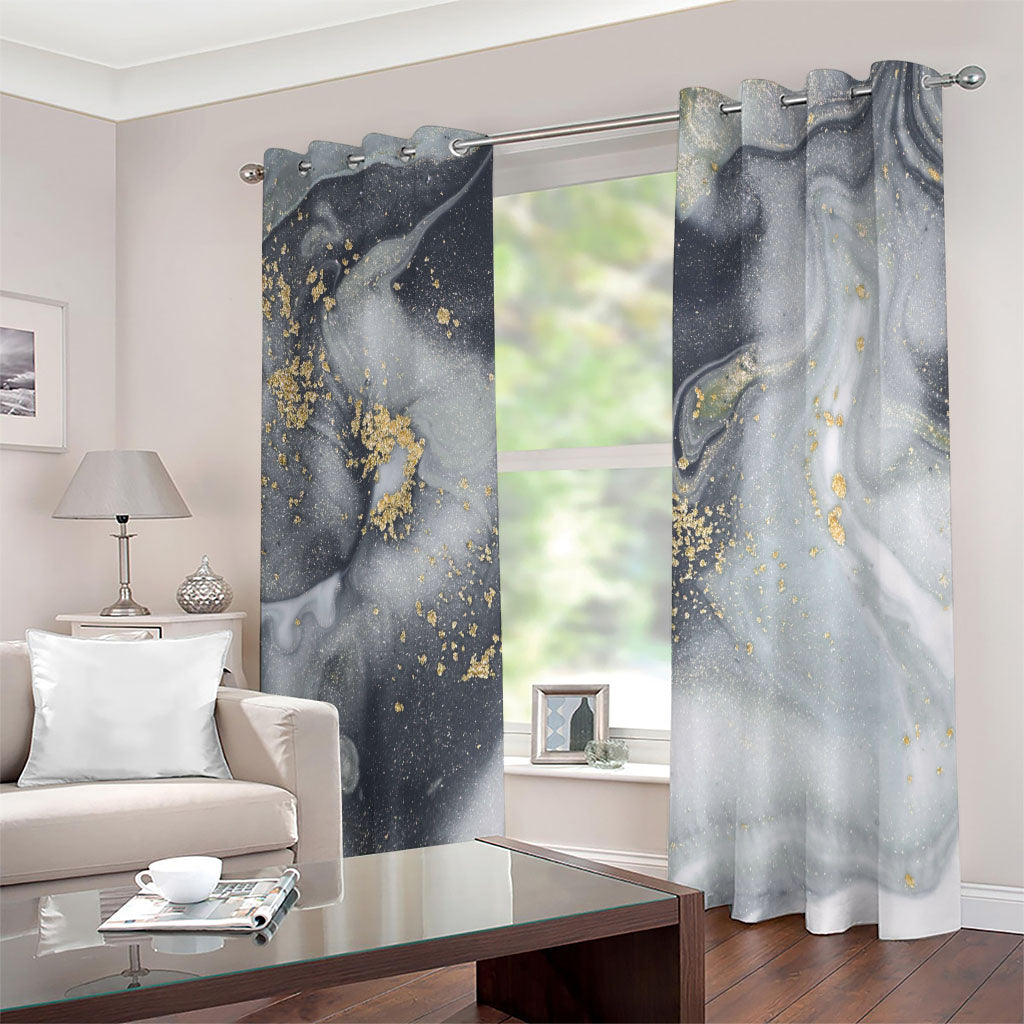 Grey Gold Liquid Marble Print Extra Wide Grommet Curtains
