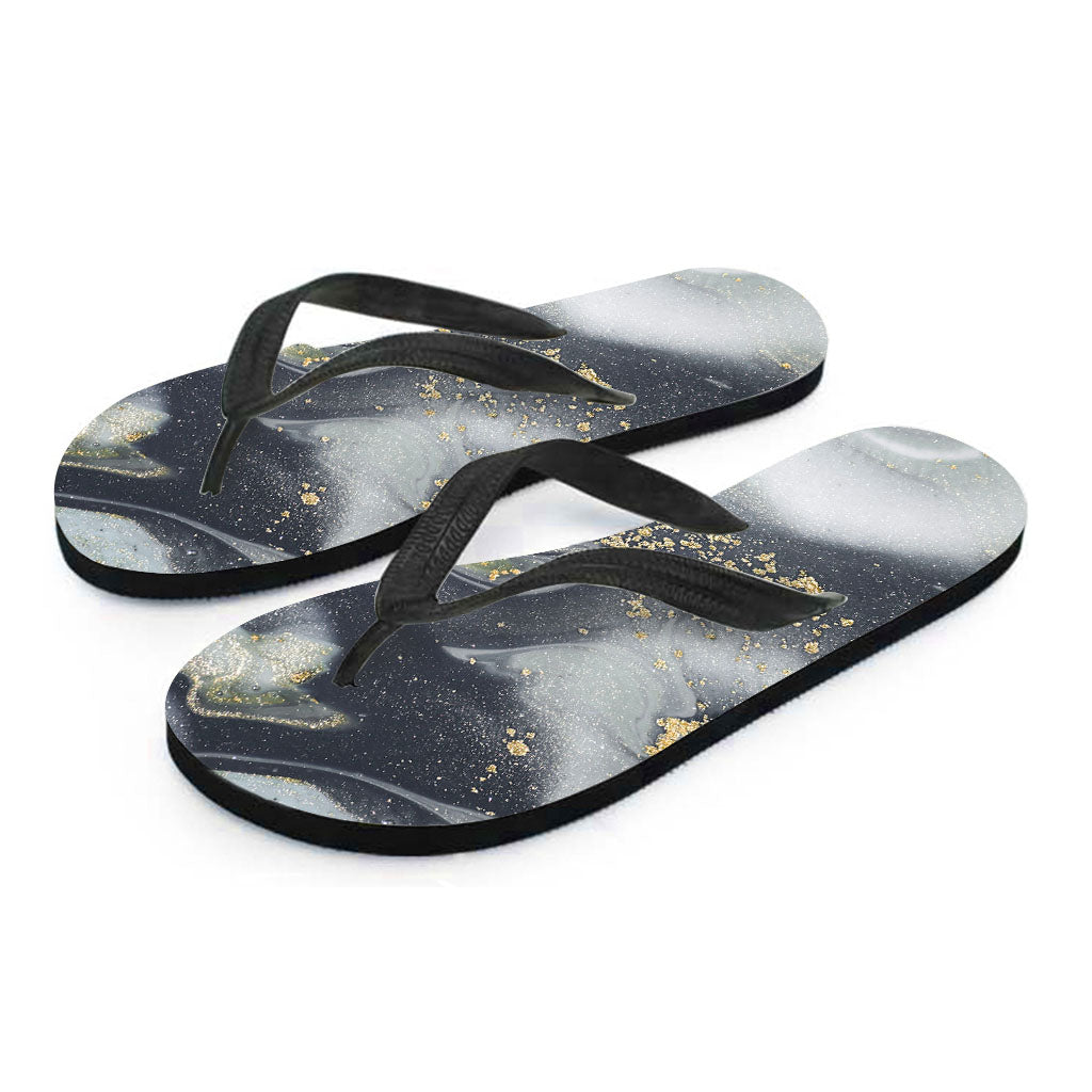 Grey Gold Liquid Marble Print Flip Flops