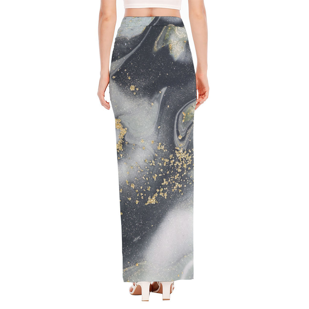Grey Gold Liquid Marble Print High Slit Maxi Skirt